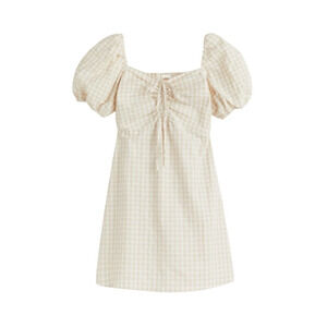 H&M Beige Gingham Puff Sleeve Mini Dress XL Ruched Bust Cottagecore Square Neck